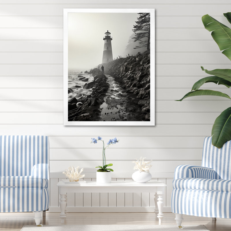 Phare Bansemer noir et blanc avec horizon brumeux, H 32 po x l 16 po x P 1 po, Cadre photo blanc