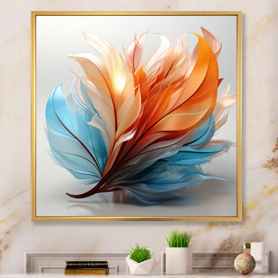 Fractal, plume d'ambre orange et turquoise I - art mural de plumes pour le salon