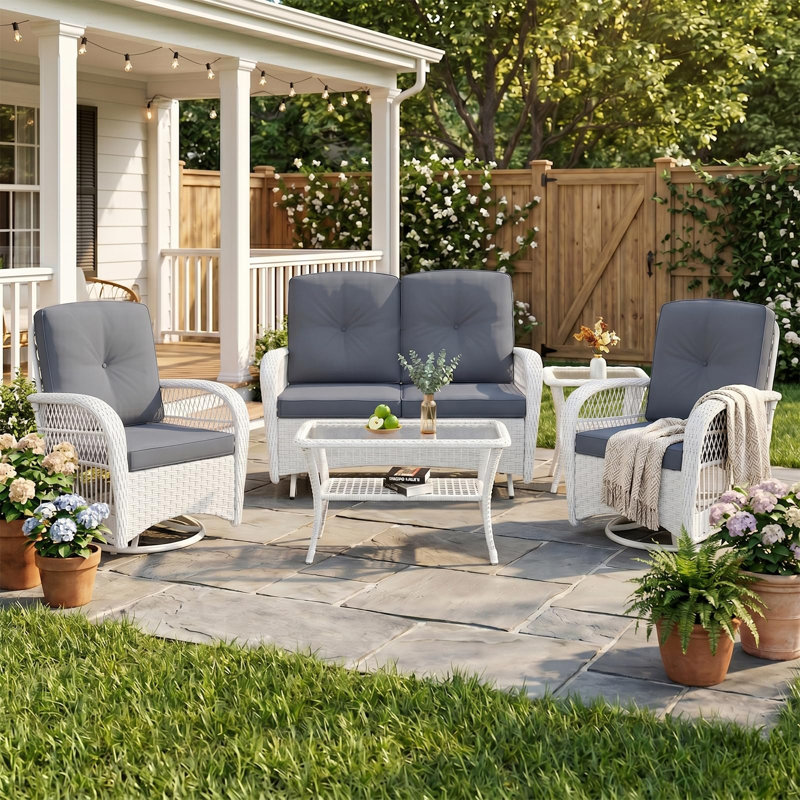 Winston Porter 5-piece Outdoor Patio White Wicker Conversation Sets, All Weather Outdoor Rattan Furniture Set Includes Glider Loveseat, 2 Coffee Table, 2 Swivel-gliders Chairs With Cushions