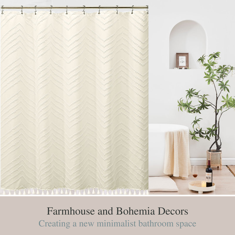 Rideaux de douche à chevrons texturés, boho, lavables à la machine, Crème, crème