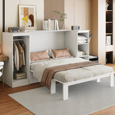 Lit escamotable simple avec tablettes de chevet et garde-robe, blanc