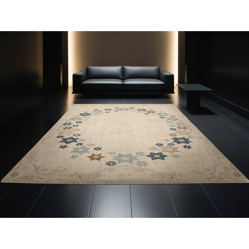 Tapis abstrait moderne et contemporain lavable à la machine Alexa Hanukkah - beige, 4 x 6