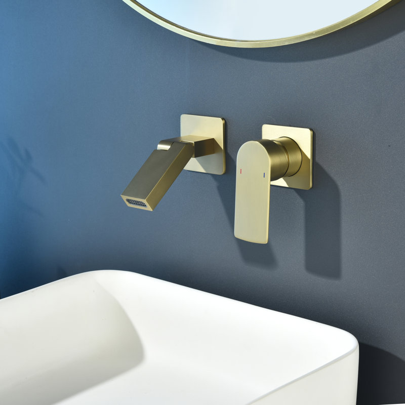 Robinet de lavabo mural en laiton massif avec drain optionnel, Or brossé, Système de drainage non compris