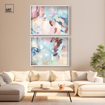 Vents de la Création II - Ira Comleva, reproduction abstraite grand format en deux parties, encadrée sous verre, par Art Remedy, cadre blanc, 44 x 33 cm