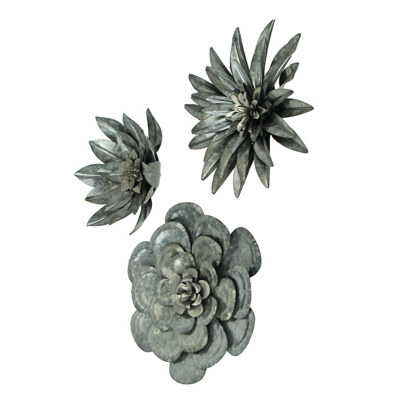 Set of 3 Galvanized Metal Rustic Flower Wall Sculptures