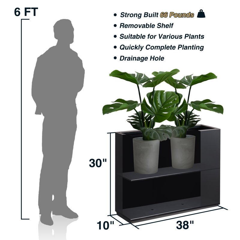 Tormund Metal Planter Box, Black/Gold Edge, 30" H x 38" W x 9.8" D