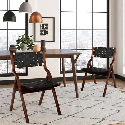 Tiamo Solid Wood Folding Stacking Side Chair Dining Chair, Foldable Wood Kitchen Chairs with Leather Woven Seat&Back, Walnut Frame, No Assembly Wooden Stackable Dining Chairs for Small Space, Living Room, Patio