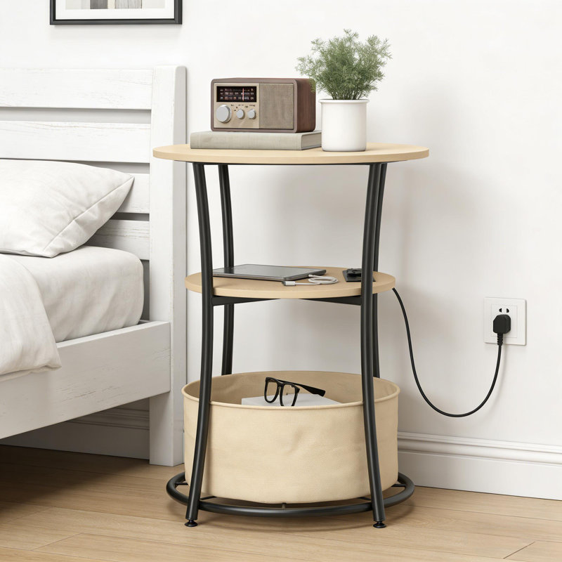 Table d'appoint ronde ronde avec station de charge, 3 niveaux, sac de rangement en tissu et tablette, table basse en bois naturel | Idée de cadeau