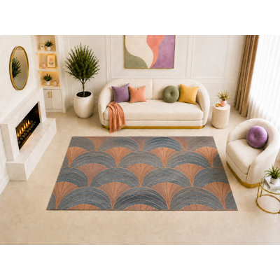 Tapis d'intérieur ultramince 152 x 213 cm (5' x 7') à motif éventail Art déco, idéal pour le salon, la salle à manger et la chambre. Doux et à poils courts, il est doté d'un envers antidérapant en silicone et sert également de tapis décoratif.