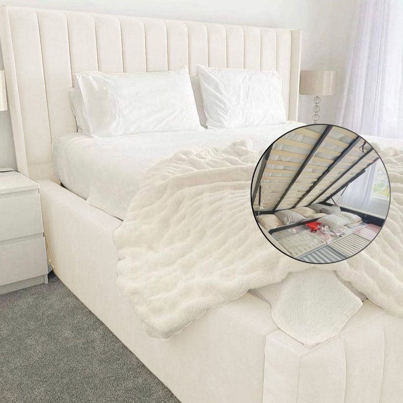 Ivy Panel Ottoman Storage Bed - Contemporary Velvet Upholstered Gas Lift Bed Frame with Headboard, Double (4'6), Cream