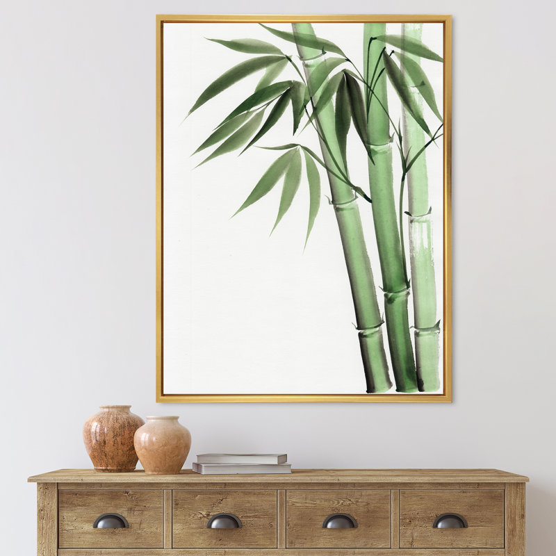 Palmier en bambou, détail II - peinture sur toile, Cadre flottant doré, H 32 po x l 16 po x P 1 po