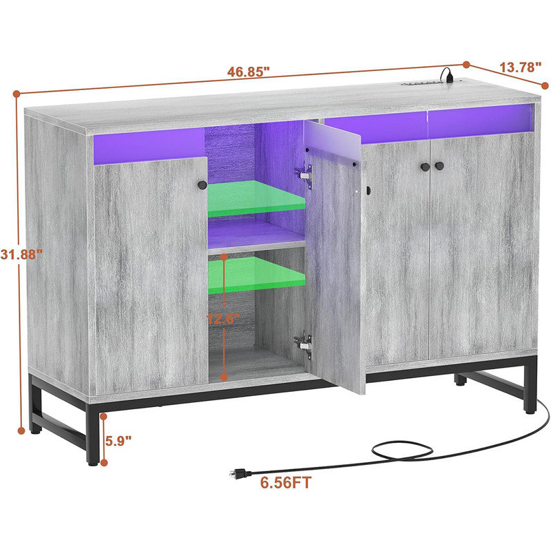 White Oak Sideboard Buffet Cabinet with LED Light and Power Outlet