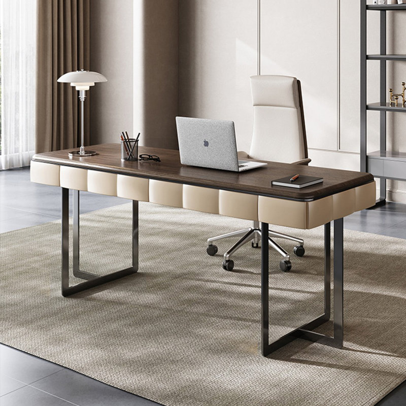 Bureau à 2 tiroirs brun + noir massif + bois manufacturé + acier inoxydable, H 29,53 po x l 55,12 po x P 27,56 po