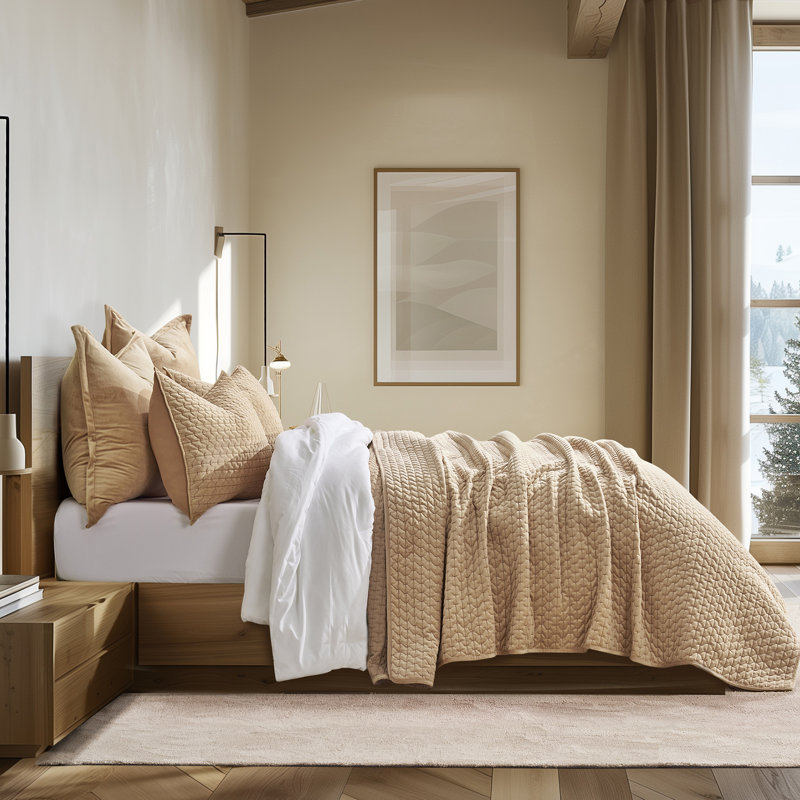 Cross-Stitch Velvet Quilt Set 3 Pieces, Queen, Camel Brown