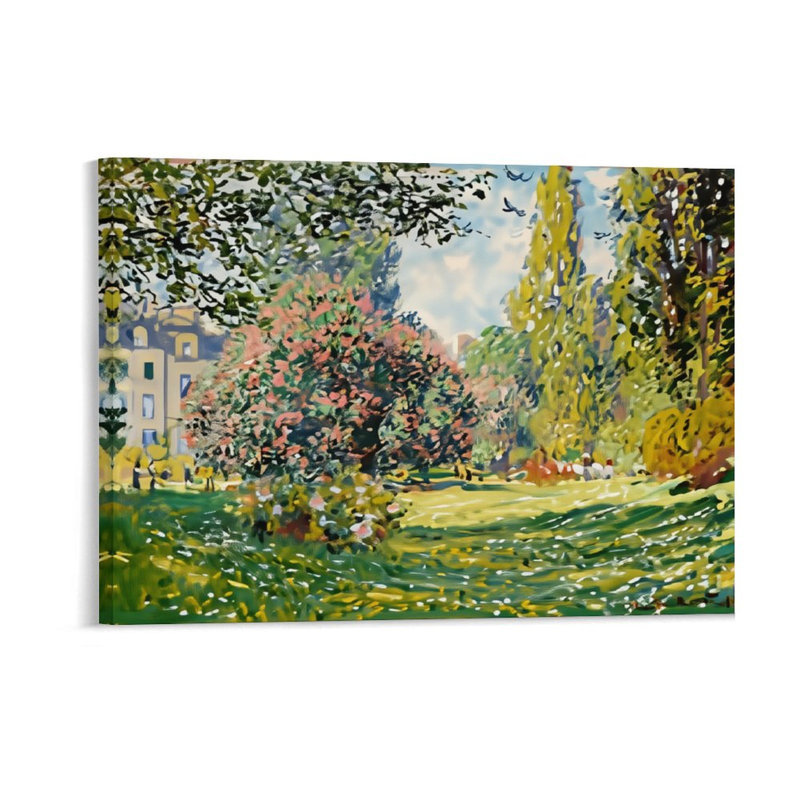 Paysage de jardin luxuriant, cadre en bois à l'arrière encastré, art mural impressionniste, l 36 x L 24