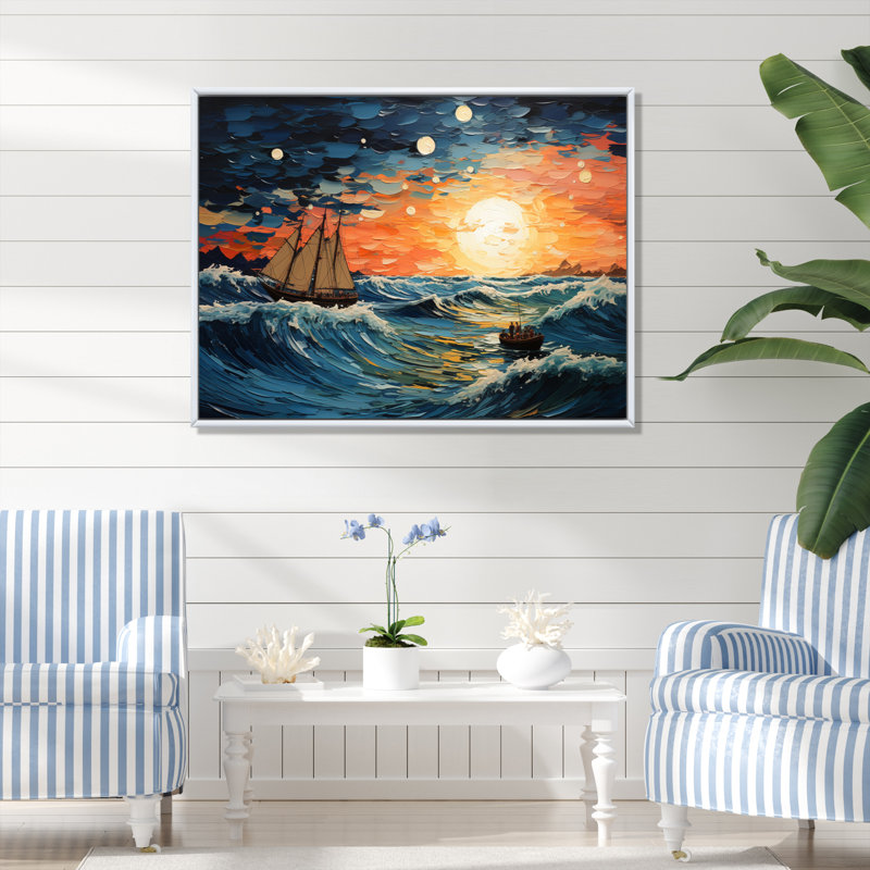 «Teal Orange Ocean Oceanic Odyssey Patchwork» sur toile, H 16 po x l 32 po x P 1 po, Cadre flottant blanc
