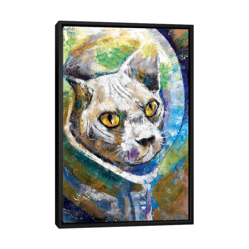« space cat », reproduction d’art sur toile, H 26 po x l 18 po x P 1,5 po, Toile avec cadre noir, Pas de tapis