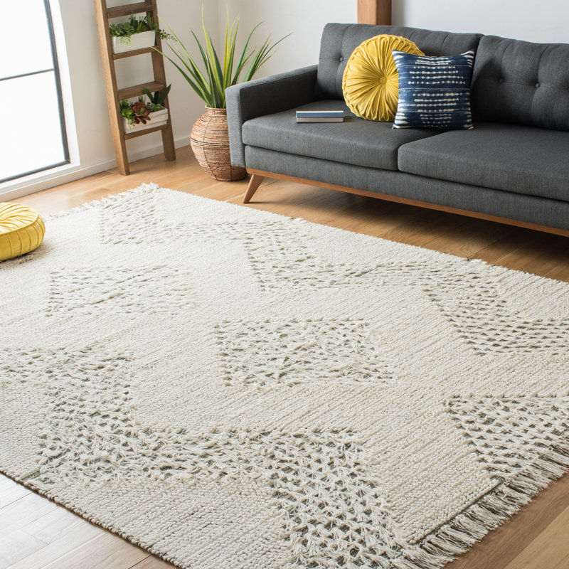 Jiren Flat Weave Wool/Cotton Geometric Rug in Green/Ivory, Rectangle 8' x 10'