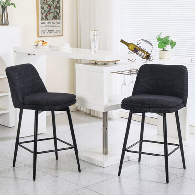 Counter Height Swivel Bar Stools Set Of 2, 360° Swivel Upholstered Barstools With Back And Metal Legs, 25.6" Seat Height,Counter Stools For Kitchen Island And Pub,Linen Cloth,Black Linen.