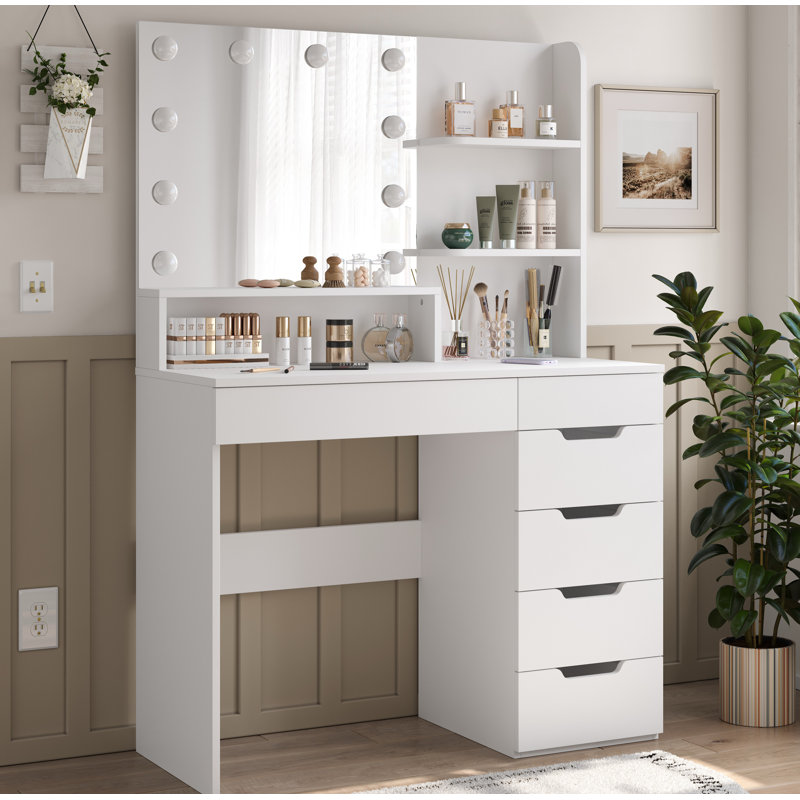 Bureau de coiffeuse avec miroir lumineux à DEL, ensemble de coiffeuse de maquillage avec 6 tiroirs, lumières réglables, câblage caché, coiffeuse pour chambre à coucher, blanc