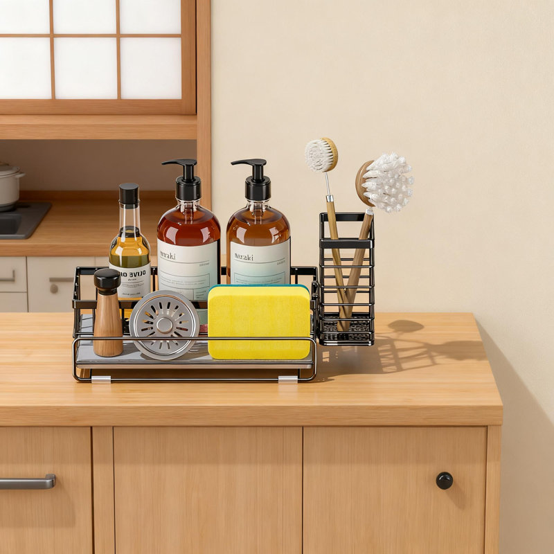 Support de rangement pour évier de cuisine avec tapis en diatomite à séchage instantané, éponge en acier inoxydable et support à récurer avec support à brosse amovible et base antidérapante