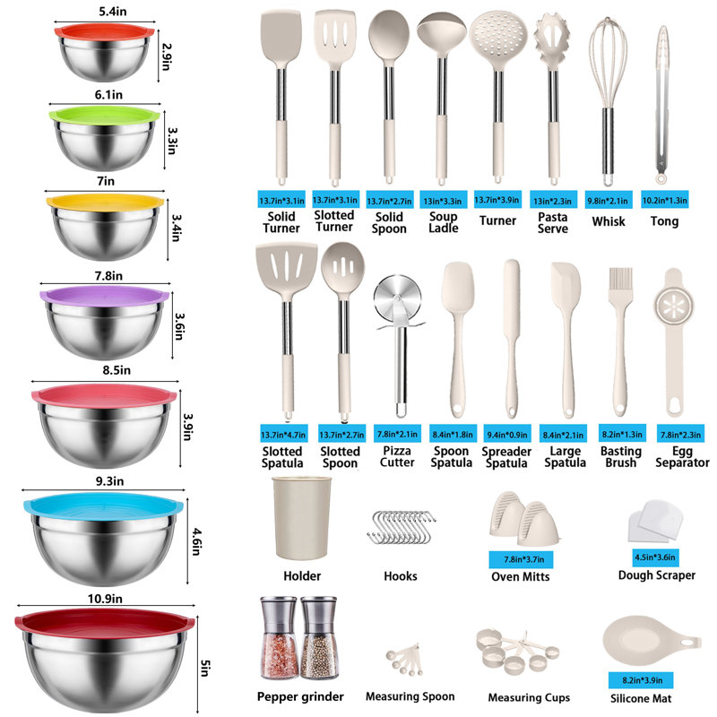 Ensemble d'ustensiles de cuisine 32 pièces en acier inoxydable avec bol à mélanger 7 pièces avec couvercles (la couleur de la housse est aléatoire)