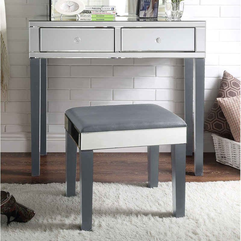 Coiffeuse de maquillage avec tabouret de coin 2 tiroirs Amaris, Gris