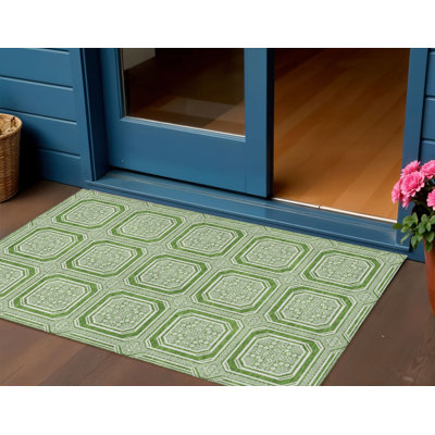 Tapis extérieur lavable à motif géométrique vert et ivoire 3 pi x 5 pi