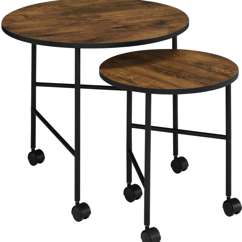 Tables gigognes Rustic Charm, chêne rétro et noir, fonctionnelles pour les espaces compacts, plateau rond en bois avec roulettes faciles à déplacer