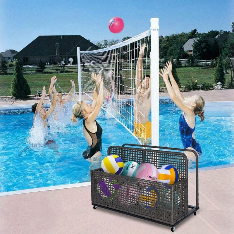 Panier de rangement pour piscine en rotin PE de 43 pouces avec roulettes organisateur durable pour piscine, Brun