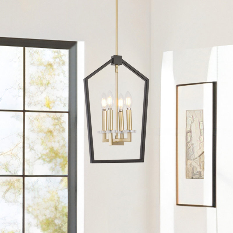 4 - Light Dimmable Lantern Geometric Chandelier, Black/Gold