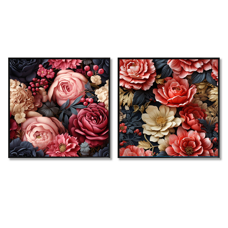 Sennède - Ensemble de 2 collages carrés floraux, Cadre flottant noir, H 16 po x l 33 po