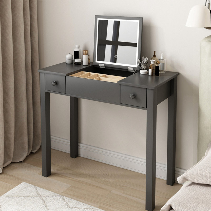 Coiffeuse grise avec lumières à DEL et 2 tiroirs - Miroir rabattable de 3 m, grand espace pour les accessoires et les cosmétiques