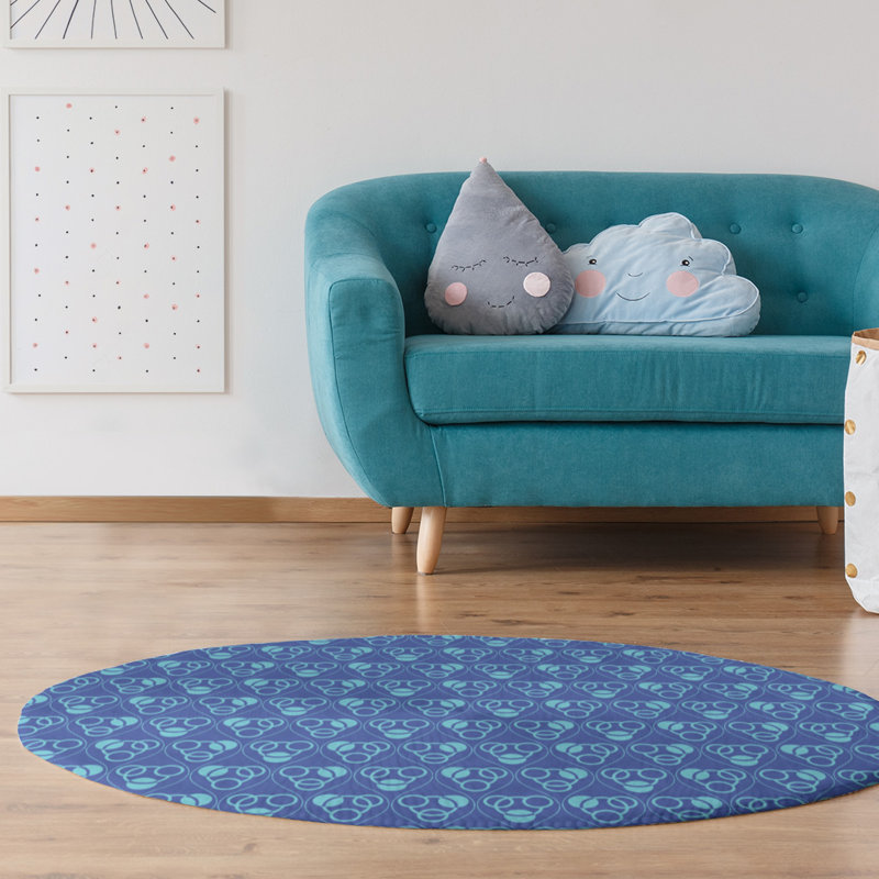 Tapis bleu/bleu ciel cercles et vagues, Rond 5 pi
