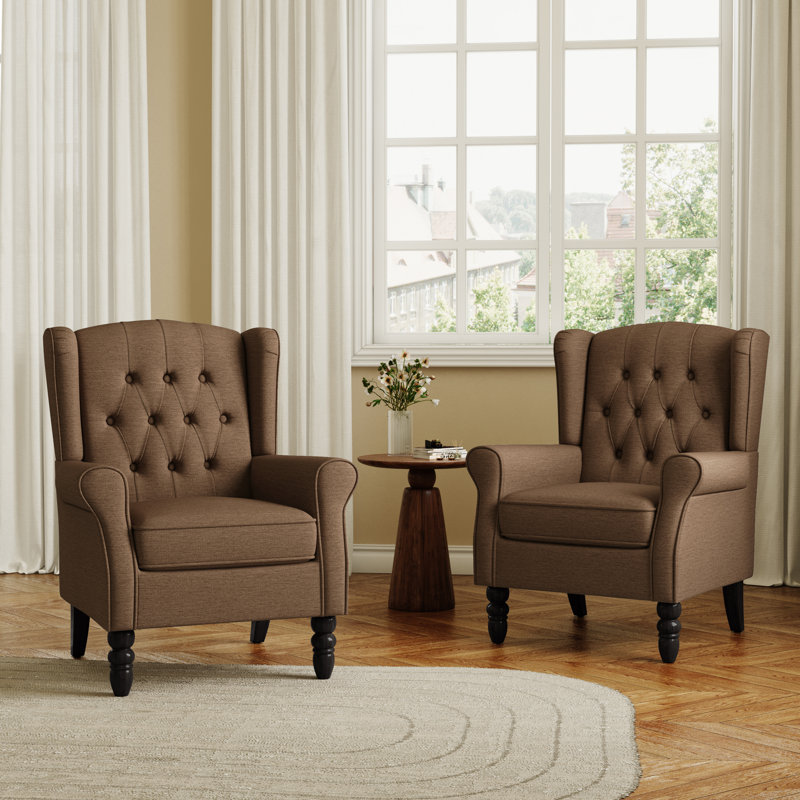 Duward Upholstered Brown Button Tufted Wingback Accent Chair with Rolled Arm and Thick Padded Cushion, Brown Polyester