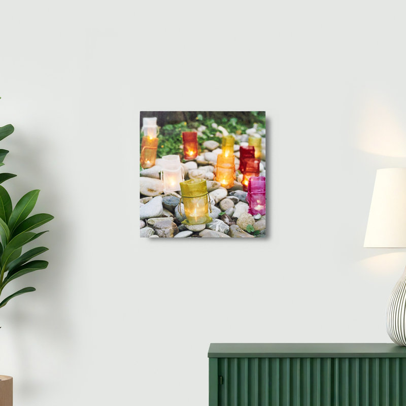 Décoration murale en toile représentant des sacs de bougies de jardin illuminés par des DEL à effet scintillant - 29,8 cm x 29,8 cm