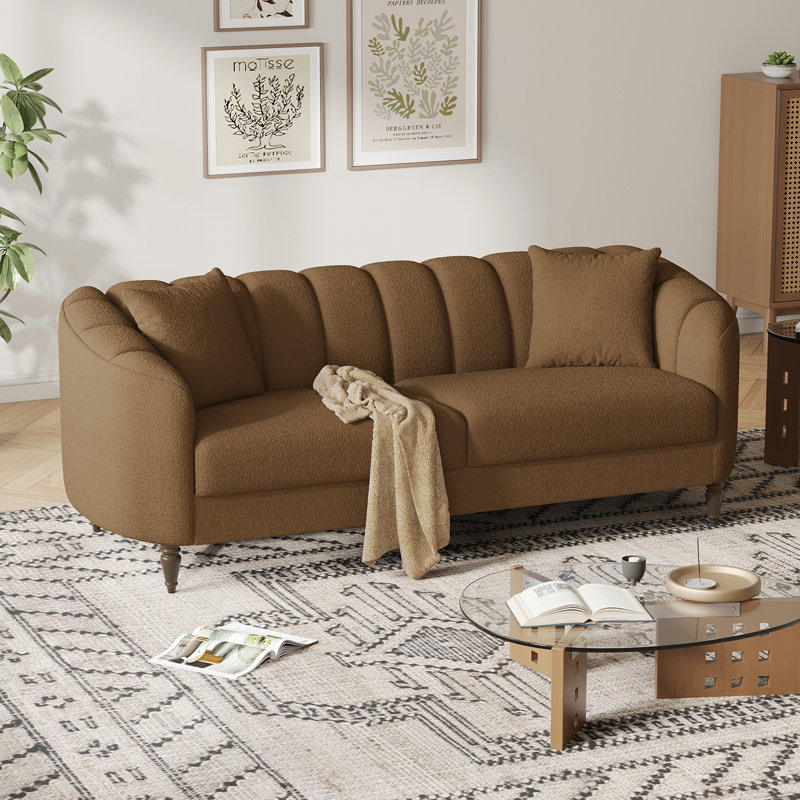 83” Modern Boucle Sofa, Minimalist Style Comfy Loveseat With 2 Pillows, Luxury 2 Seater Couch With Curved Armrest& Wooden Leg, Contemporary Home Sofa For Living Room Bedroom