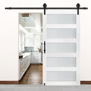 Glass Sliding MDF Barn Door with Sliding Door Hardware Kit,5 Tempered Frosted Glass, Big Wheel