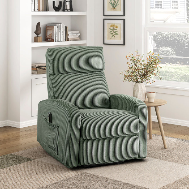 Contemporary Power Lift Chair Recliner 1Pc Plush Corduroy Upholstery Comfort Side Pocket Plywood Living Room Furniture, Green