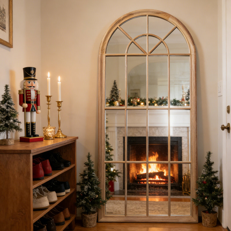 Large Arched Windowpane Full-Length Wall Mirror With Solid Wood Frame, 70.9" x 31.8", Natural Wood