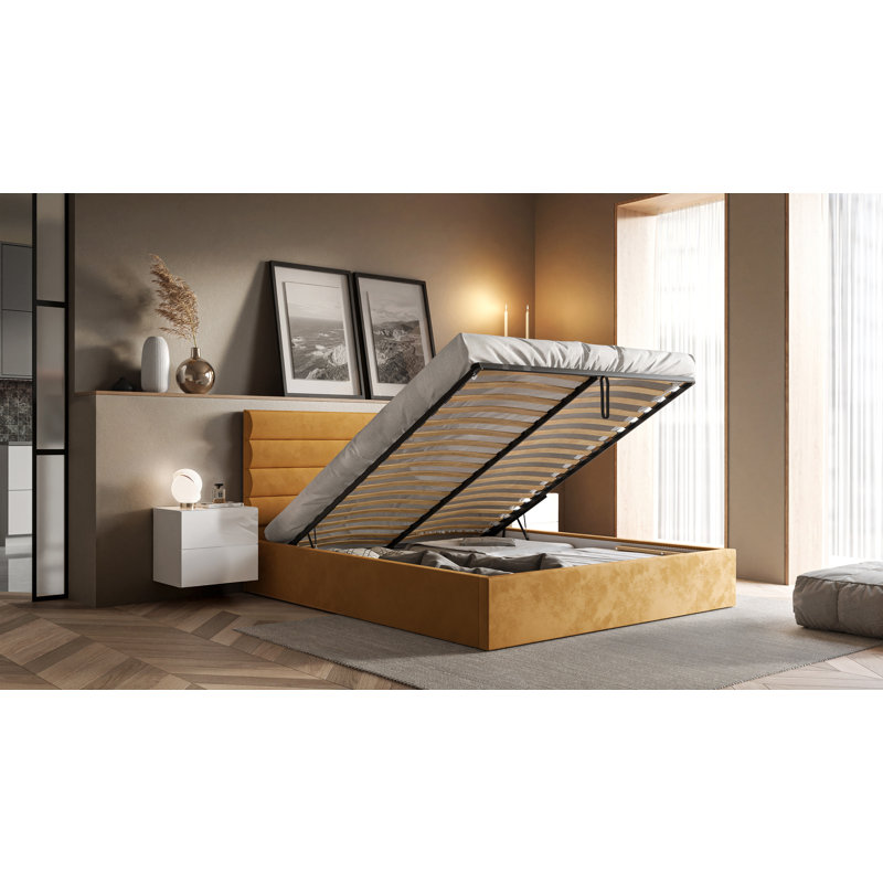 Samwell Upholstered Ottoman Storage Bed, European Double (140 x 200cm), Orange