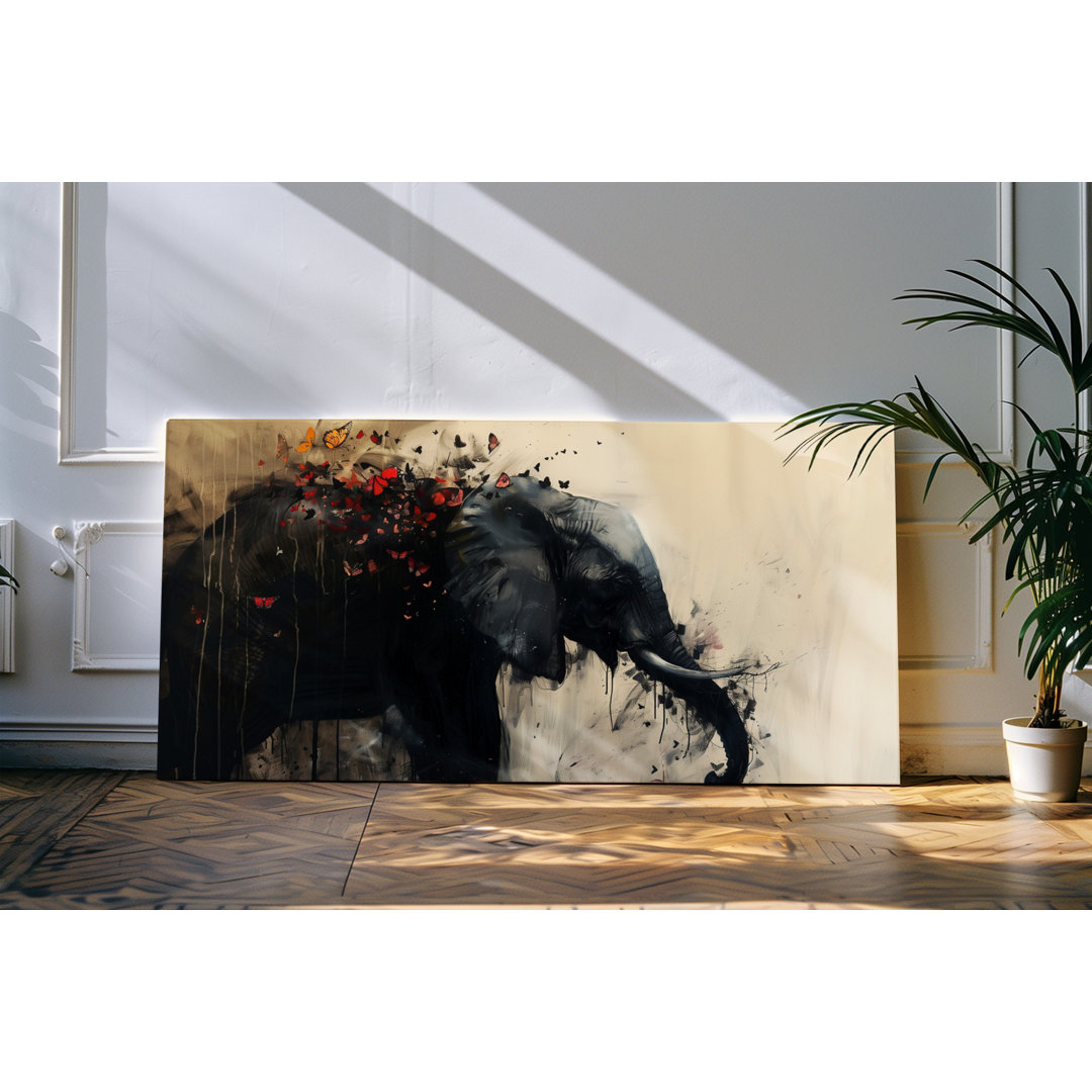 Wandbild 120x60cm Dunkler Elefant Kunstwerk Blumen Schmetterlinge