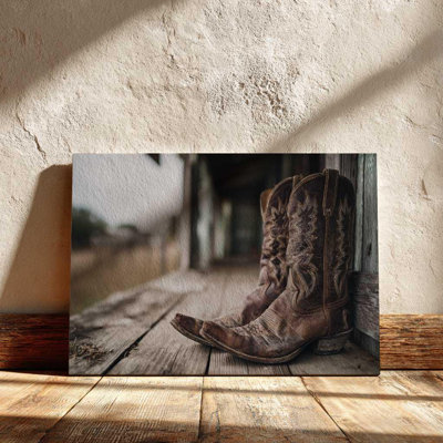 Worn Cowboy Boots Canvas Wall Art â€“ Rustic Western Ranch Decor â€“ Texas Farmhouse Country Print