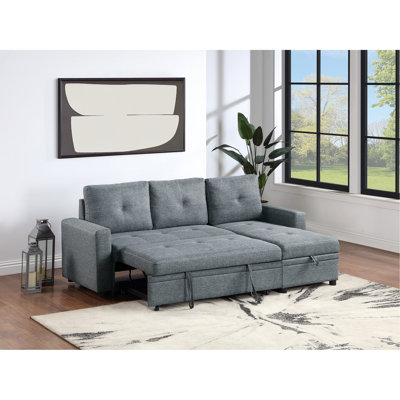 Back Polyfiber Sectional With Pull Out Bed And Storage Chaise In Grey Black 4 Seat Reversible Convertible Gray