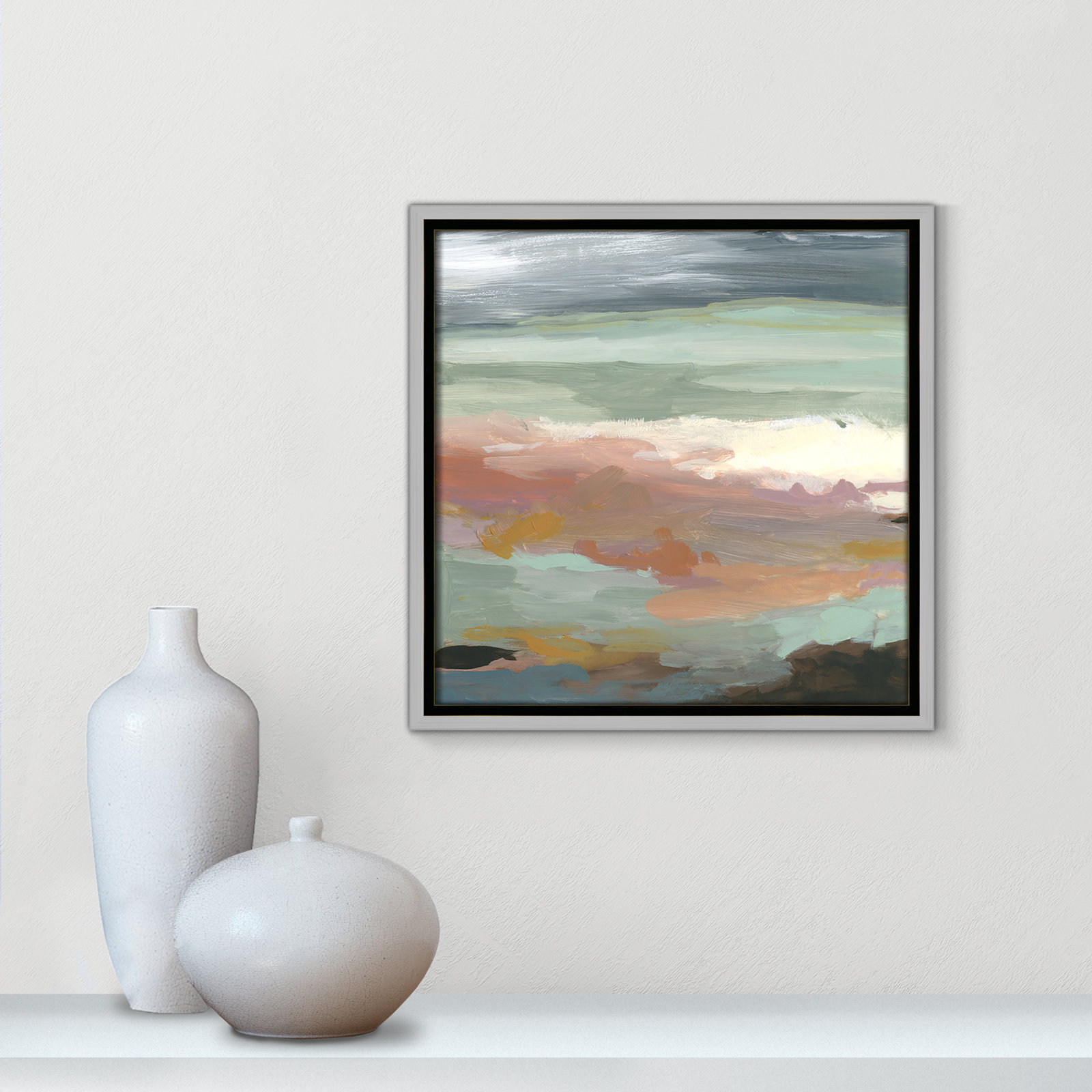 Ocean Bluffs by Carol Robinson - Painting Print on Paper, Picture Framed Canvas, 13.5" H x 13.5" W, Silver