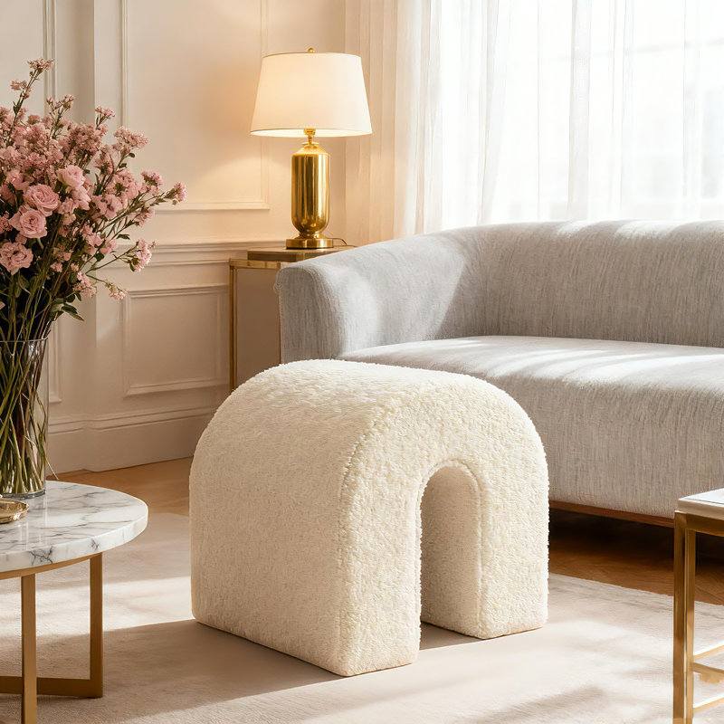 Modern Bouclé U-Shaped Arch Ottoman Cream Teddy Fabric Sculptural Stool Side Table for Living Room