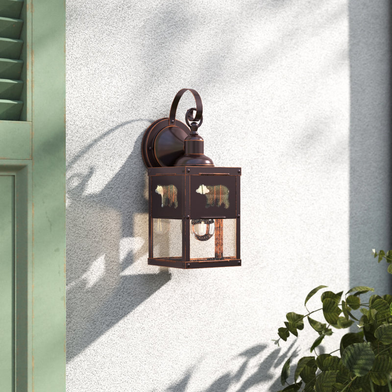 Josefina 13 in. H 1-Light Burnished Bronze Rustic Outdoor Wall Sconce made of Durable Steel, Clear Seeded Glass Shade, LED Compatible, Use for Exterior Porch Patio Front Door or Garage