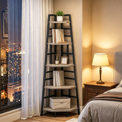 Étagère de coin haute de style industriel, bibliothèque étroite à cinq niveaux pour petits espaces, présentoir bibliothèque autoportant pour salon, chambre, bureau, finition grège