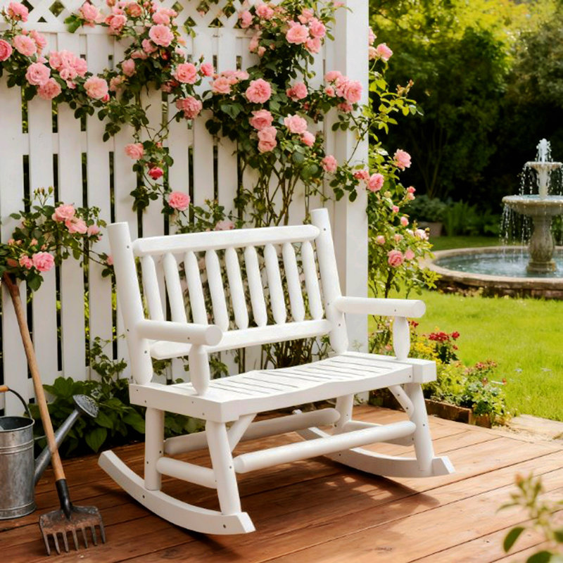 Causeuse robuste avec larges sièges incurvés, chaise berçante en bois avec motif de bûches, pour patio, cour arrière, jardin