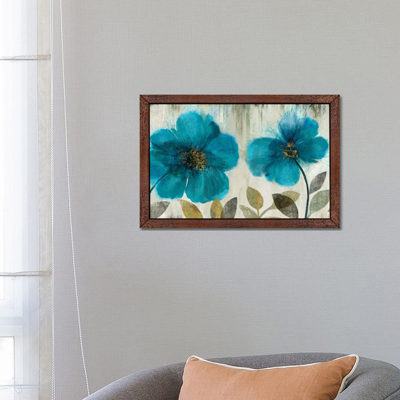Teal Flowers 1 Piece Painting on Canvas, 101.6 cm H x 66.04 cm W, Brown Floater Frame